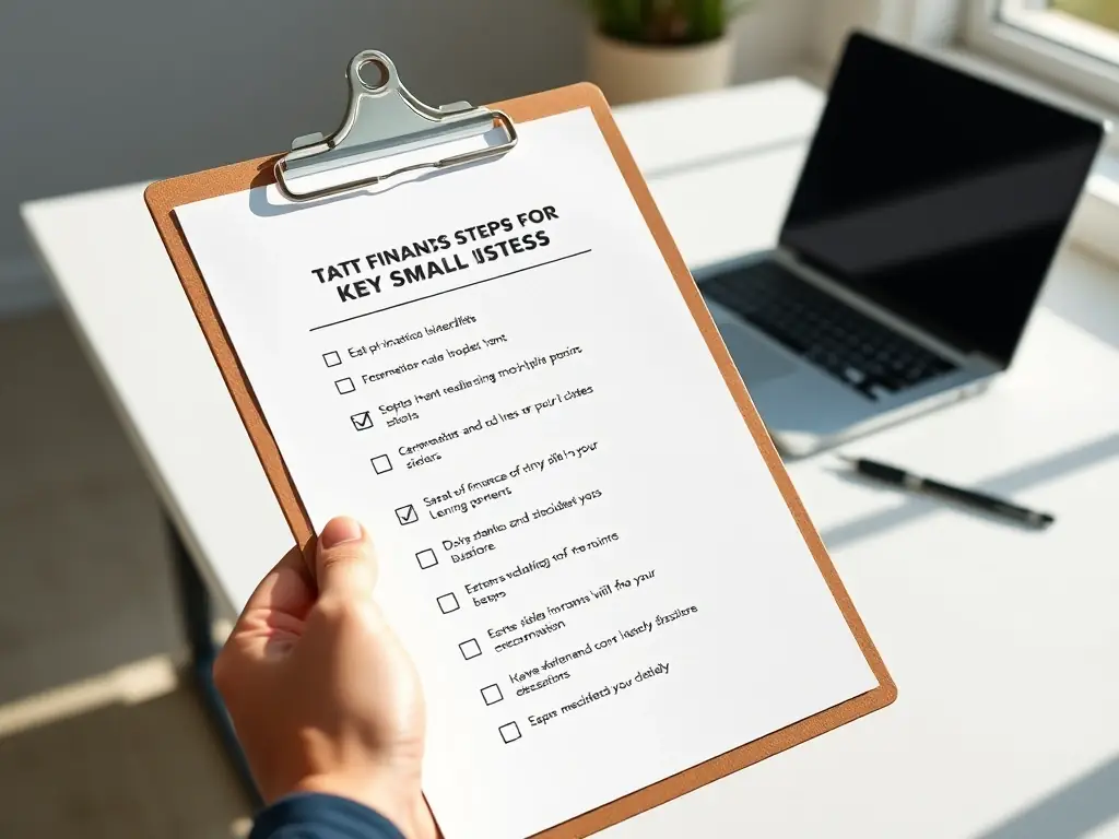 A checklist on a clipboard, highlighting key steps for financial health in a small business.