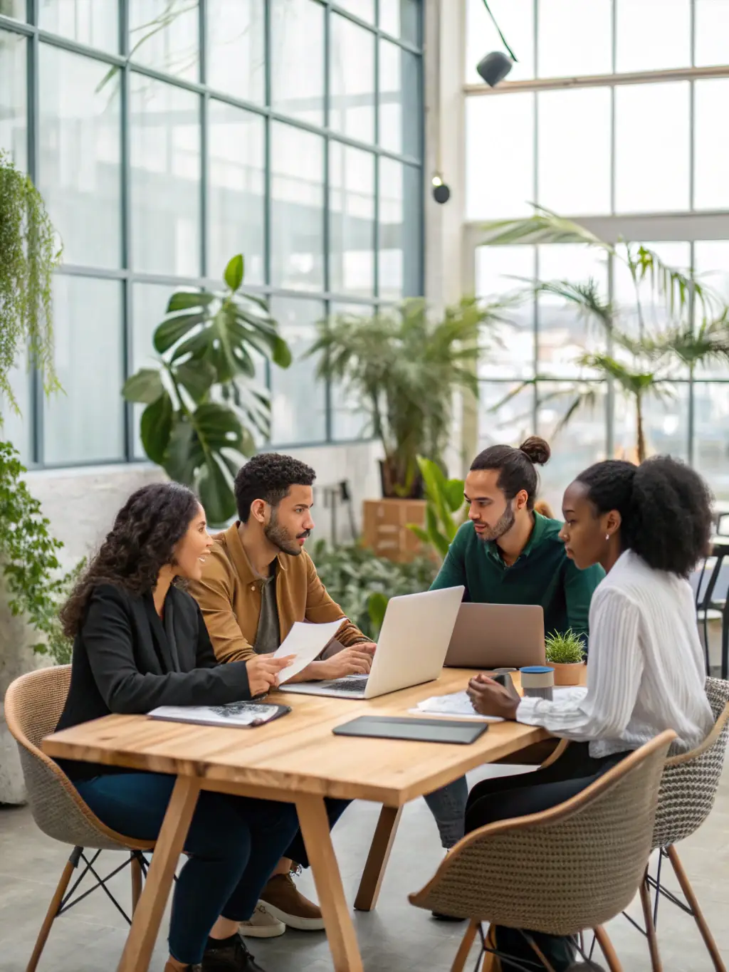A diverse group of small business owners collaborating in a modern co-working space, symbolizing community and shared resources.