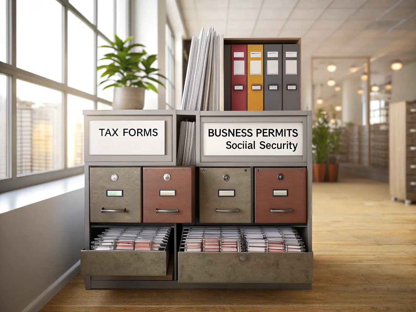 A well-organized filing cabinet with labeled folders representing different financial categories for small businesses.